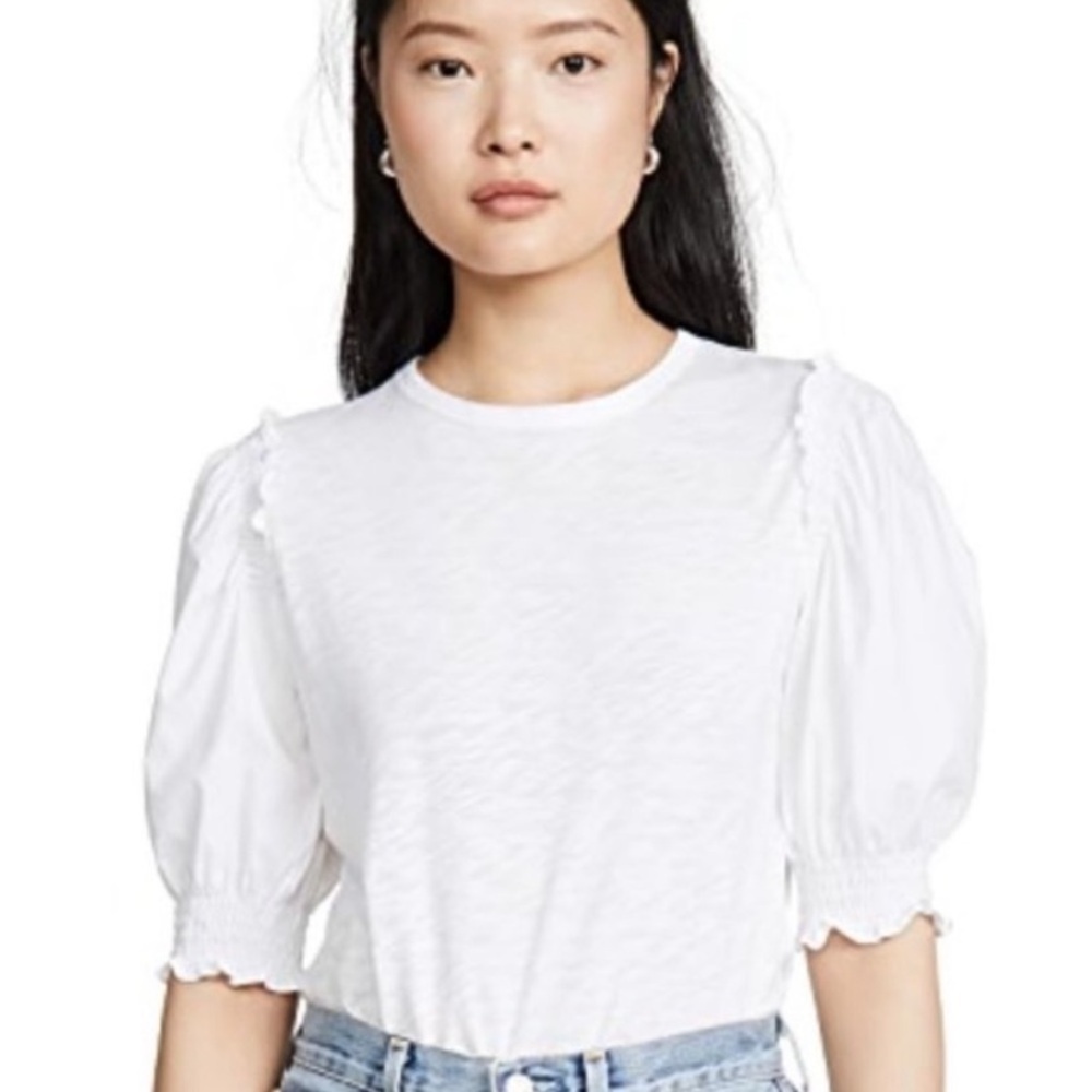 Veronica Beard Jeans White Puff Sleeve Pima Cotton Top Size L